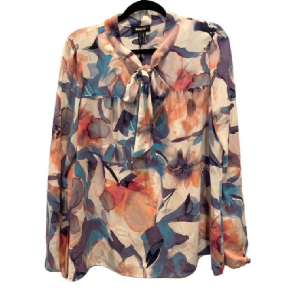 DKNY Floral Crush Long Sleeve Blouse with Bow Tie